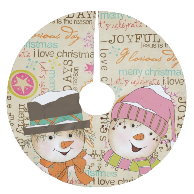 Snowman Couple Typografy Holidays Tree Skirt Polyester Weihnachtsbaumdecke (Vorderseite)