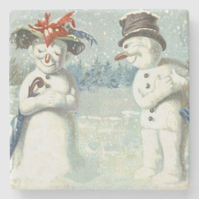 Snowman Couple Winter Snow Field Steinuntersetzer (Vorderseite)