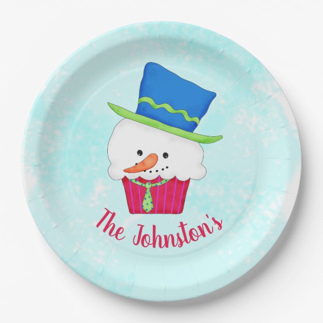 Snowman Cupcake Name Personalized Dessert Party Pappteller (Vorderseite)