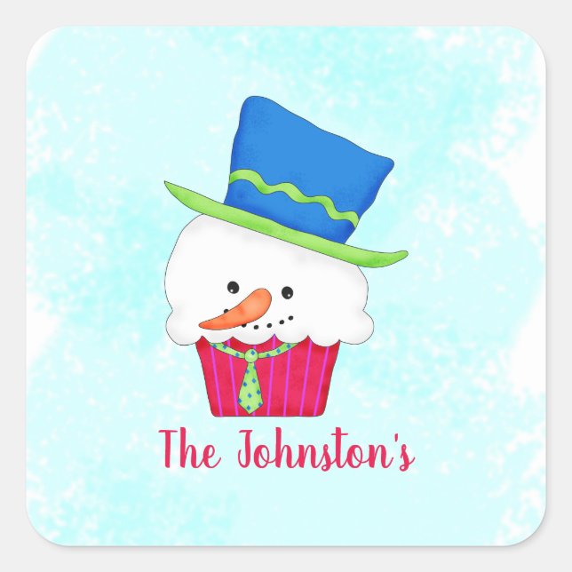 Snowman Cupcake Name Personalized Dessert Party Quadratischer Aufkleber (Vorderseite)