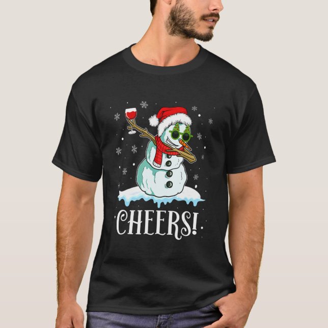 Snowman Dabbing Cheers Xmas Wine  Christmas Pajama T-Shirt (Vorderseite)