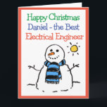 Snowman Design Happy Christmas Electrical Engineer Karte<br><div class="desc">Frohe Weihnachten an einen Elektroingenieur. Der sonnige Cartoon eines Schneemanns in der Wintersonne. Fügen Sie eine Nachricht vom Absender hinzu.</div>