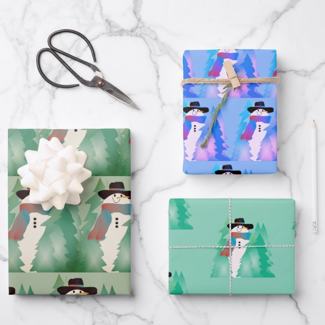 Snowman Designed Gemustert Geschenkpapier Set (Vorderseite)