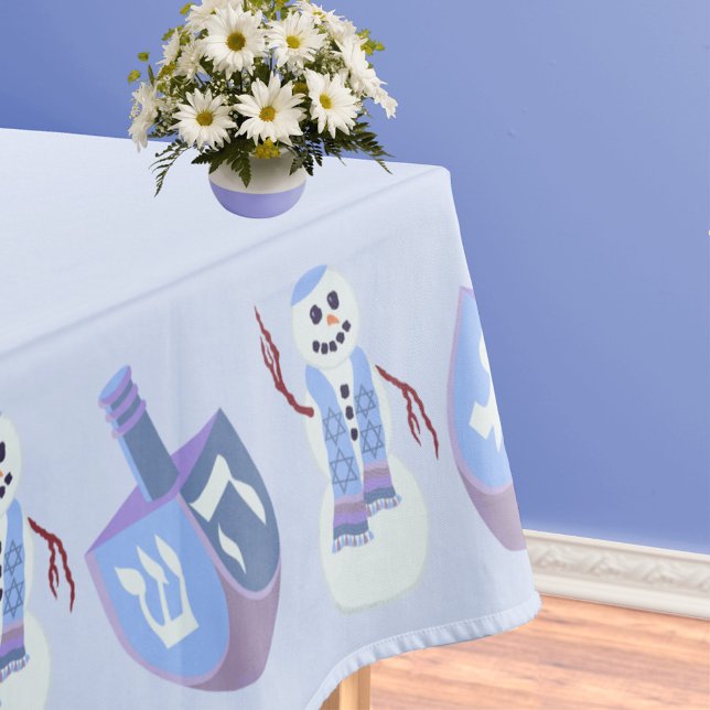 Snowman Dreidels Blue Jewish Holiday Hanukkah Tischdecke (Add your name and Hanukkah message in dark blue wording in the center of this custom tablecloth)