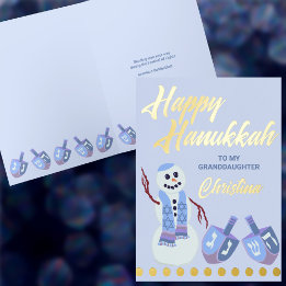 Snowman Dreidels Blue Kinder Name Hanukkah Gold Grußkarte Mit Foliendruck