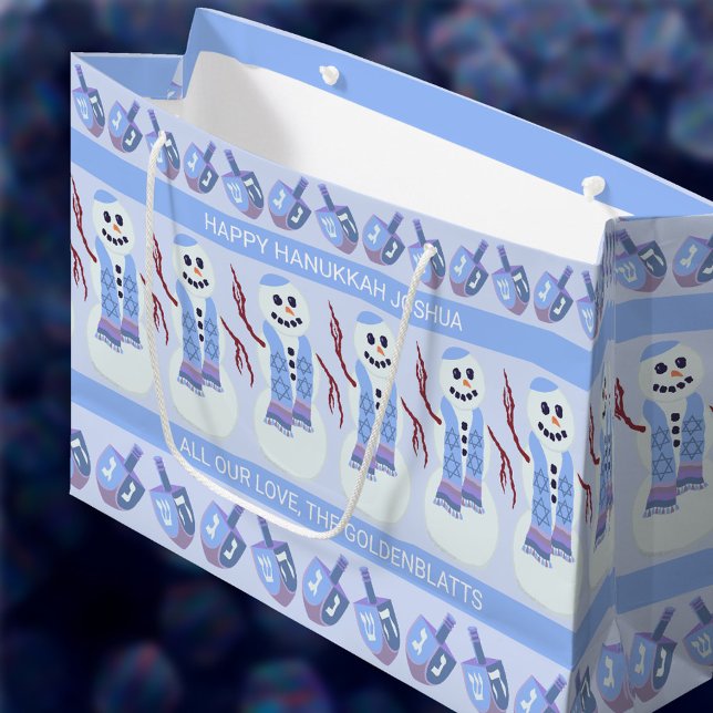 Snowman Dreidels Fun Blue und White Hanukkah Große Geschenktüte (Two text templates let you personalize these Happy Hanukkah gift bags just the way you want)