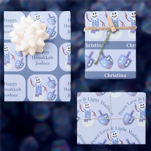 Snowman Dreidels Niedlich Happy Hanukkah Kids Name Geschenkpapier Set (You can add different names to each of the three designs of this cute Hanukkah wrapping paper)