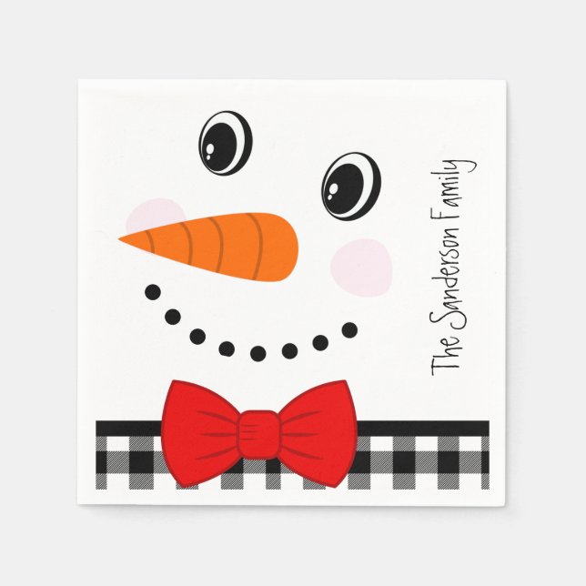 Snowman Face Red Bowtie Black Buffalo Kariert Trim Serviette (Vorderseite)