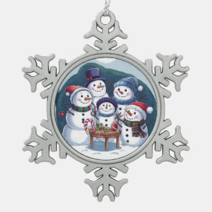 Snowman-Familie Schneeflocken Zinn-Ornament