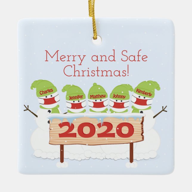 Snowman-Familie von fünf Gesichtshaut Weihnachten  Keramikornament (Vorderseite)