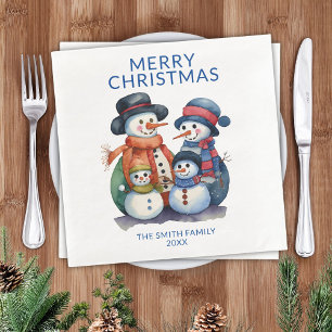 Snowman Family Blue Christmas Party Serviette