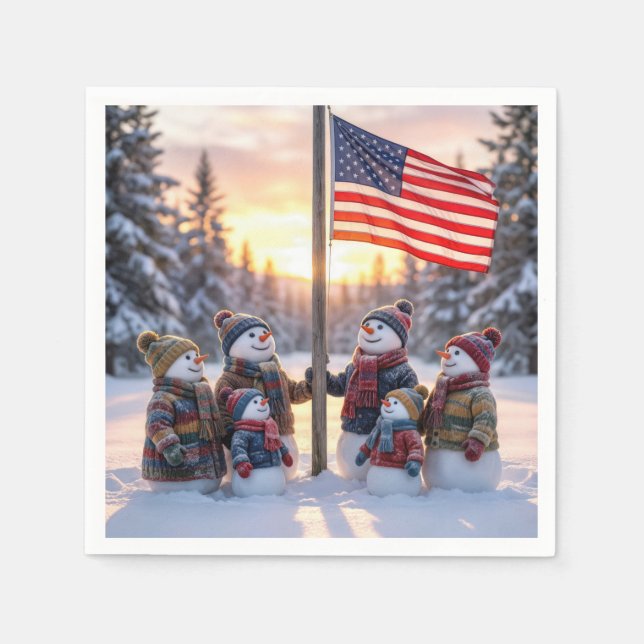 Snowman Family Gathering Around a Flagpole Serviette (Vorderseite)