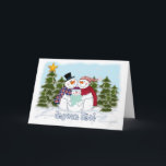 Snowman Family Greeting Card Feiertagskarte<br><div class="desc">Snowman Family Merry Christmas Greeting Card, the Snowmen Family in their colorful hats and scarves, set in a snowy scene with Christmas trees and snowflakes. Cart Einsatz Reads: Möge diese Weihnachtsmagie in unsere Herzen Frieden, Liebe und Brüderlichkeit bringen, Glückwunsch zu einem sehr fröhlichen Weihnachten und einem fröhlichen und fröhlichen Annee!...</div>