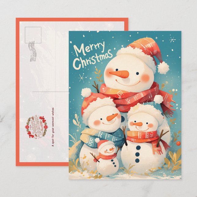 Snowman Family in Cozy Winter Postkarte (Vorne/Hinten)