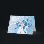 Snowman Feiertagskarte<br><div class="desc">Snowman spielt im Schnee mit blauem Hintergrund</div>