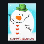 Snowman Feiertagspostkarte<br><div class="desc">Niedlicher Schneemann mit grünem Hut. Text auf der Karte: Glückliche Feiertage</div>