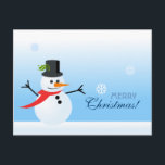 Snowman Feiertagspostkarte<br><div class="desc">Snowman-Postkarte mit einem niedlichen Schneemann mit rotem Schal und einem schwarzen Hut auf verblasstem blauen Hintergrund,  der die Wintersaison genießen kann,  wenn Schneeflocken unterschiedlicher Formen behalten werden. Ideal für Weihnachten oder andere Gelegenheiten. © Morning 6</div>