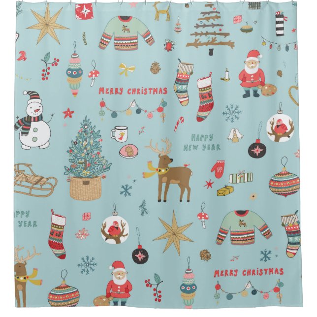 Snowman Fir-Tree Weihnachtswrapping Muster Duschvorhang (Vorderseite)