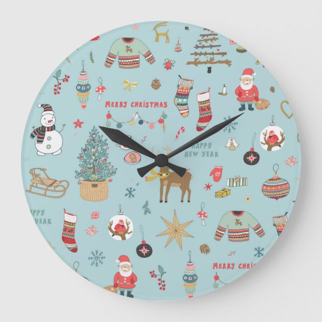 Snowman Fir-Tree Weihnachtswrapping Muster Große Wanduhr (Vorderseite)