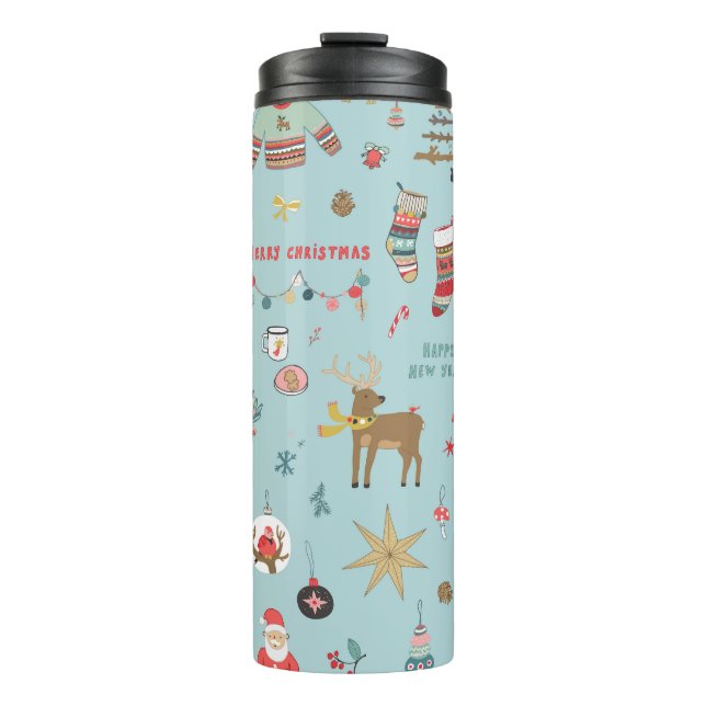 Snowman Fir-Tree Weihnachtswrapping Muster Thermosbecher (Vorderseite)