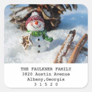 Snowman Foto Weihnachtsaufkleber für Rücksendead Quadratischer Aufkleber
