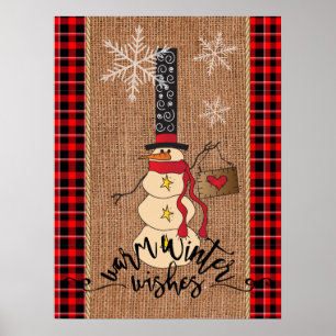 Snowman Frohe Weihnachten mit Kariert und Burlap Poster