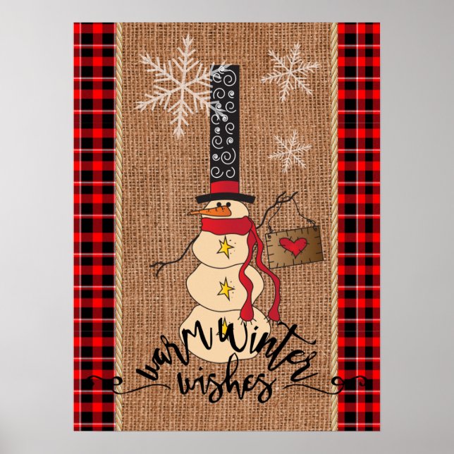 Snowman Frohe Weihnachten mit Kariert und Burlap Poster (Vorne)