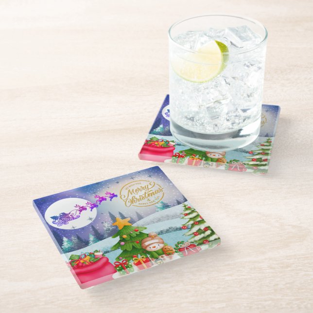 Snowman Frohe Weihnachtsbaumgeschenke & Glückliche Glasuntersetzer (Schrägansicht)