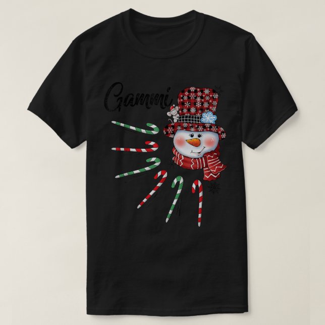 Snowman Gammi Candy Cane Karierte Weihnachtsgesche T-Shirt (Design vorne)