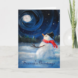 Snowman Gazes at Night Sky & Moon - Folk Painting Feiertagskarte