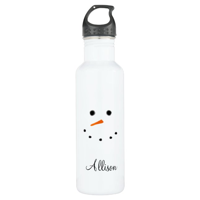 Snowman-Gesichts-weißes Weihnachten personalisiert Edelstahlflasche (Vorderseite)