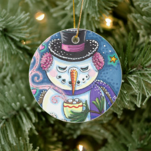 SNOWMAN, GINGERBREAD MAN & TASSE DES HOT-SCHOKOLAD KERAMIK ORNAMENT