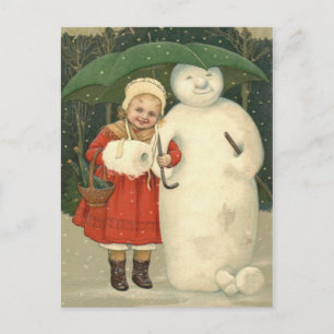 Snowman Girl Umbrella Snowfall Postkarte