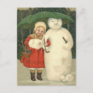 Snowman Girl Umbrella Snowfall Postkarte
