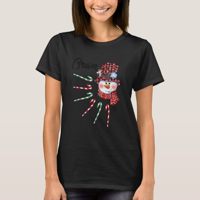 Snowman Gram Candy Cane Karierte Weihnachten T-Shirt (Vorderseite)