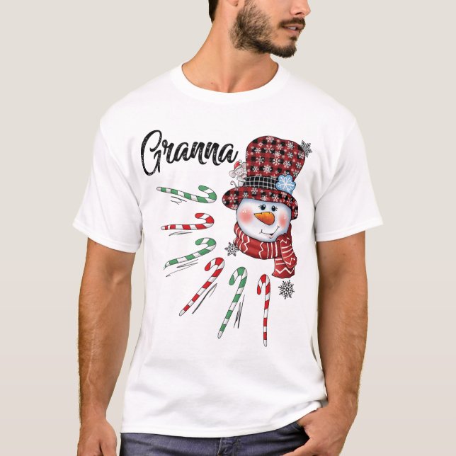 Snowman Granna Candy Cane Karierte Weihnachten T-Shirt (Vorderseite)