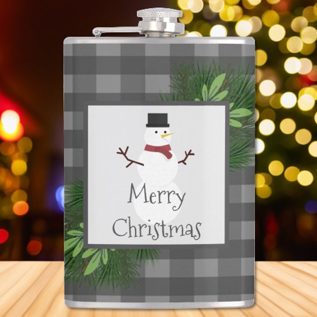 Snowman Gray Buffalo Kariert Flask Flachmann (Gray Snowman Buffalo Plaid Flask)