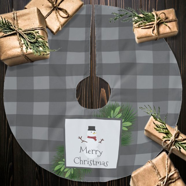 Snowman Gray Buffalo Kariert | Grau Polyester Weihnachtsbaumdecke (Gray Snowman Buffalo Plaid Christmas Tree Skirt)