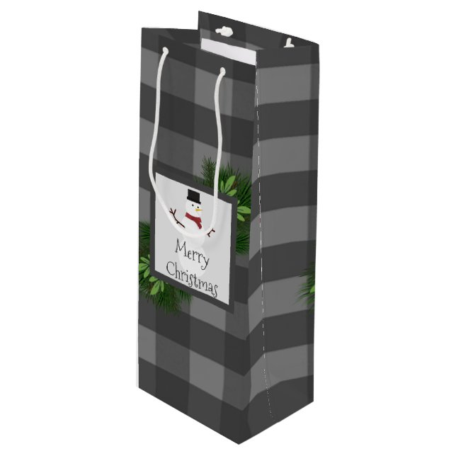 Snowman Gray Buffalo Kariert Wine Geschenktasche Geschenktüte Für Weinflaschen (Vorderseite Schrägansicht)