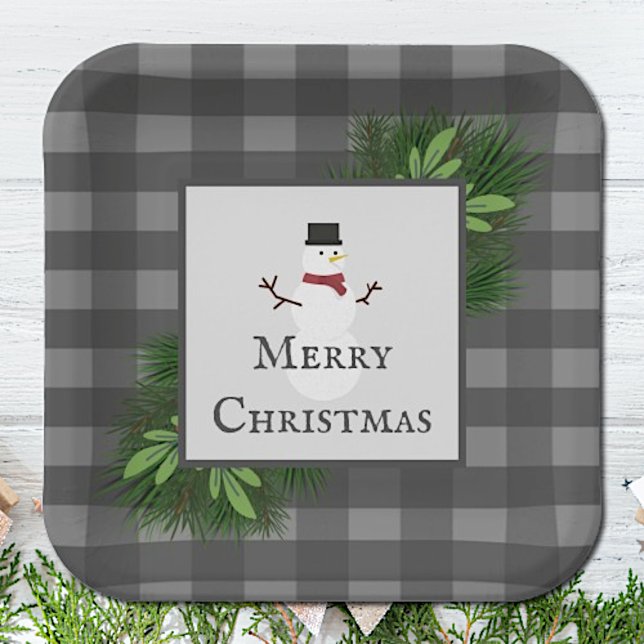 Snowman Gray Buffalo Karierte Papierplatte Pappteller (Gray Snowman Buffalo Plaid Christmas Paper Plates)