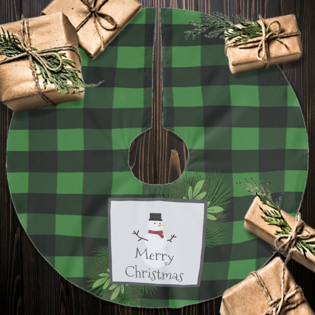 Snowman Green Buffalo Kariert | Grün und Schwarz Polyester Weihnachtsbaumdecke (Green Snowman Buffalo Plaid Christmas Tree Skirt)