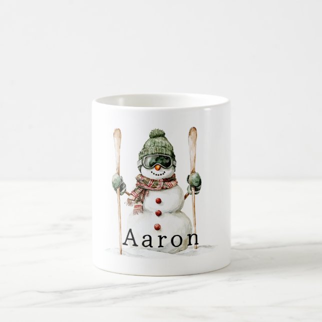 Snowman Green Hat Snow Skis  Kaffeetasse (Mittel)