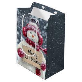 Snowman hält ein fröhliches Weihnachtszeichen Mittlere Geschenktüte