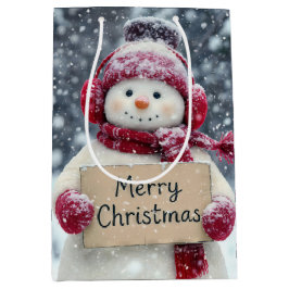 Snowman hält ein fröhliches Weihnachtszeichen Mittlere Geschenktüte