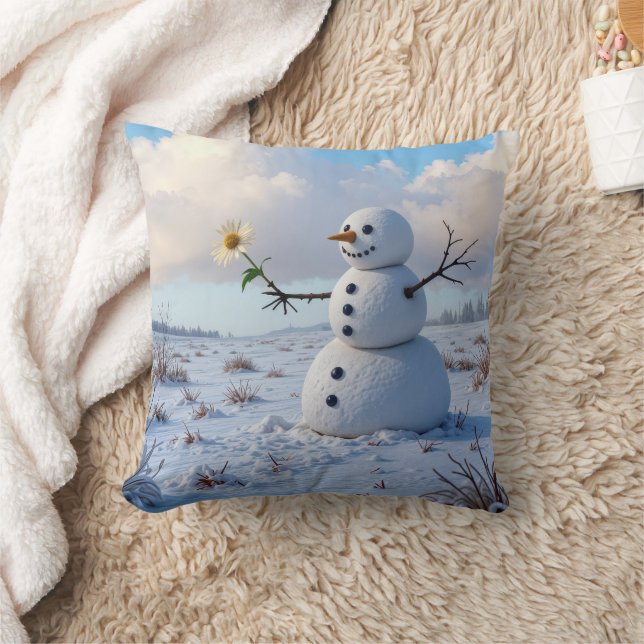 Snowman Holding a White Daisy Kissen (Decke)