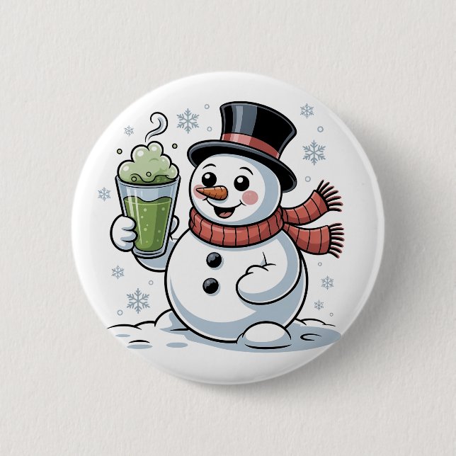 Snowman Holding Matcha Drink Weihnachten Button (Vorderseite)
