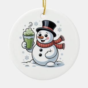 Snowman Holding Matcha Drink Weihnachten Keramik Ornament