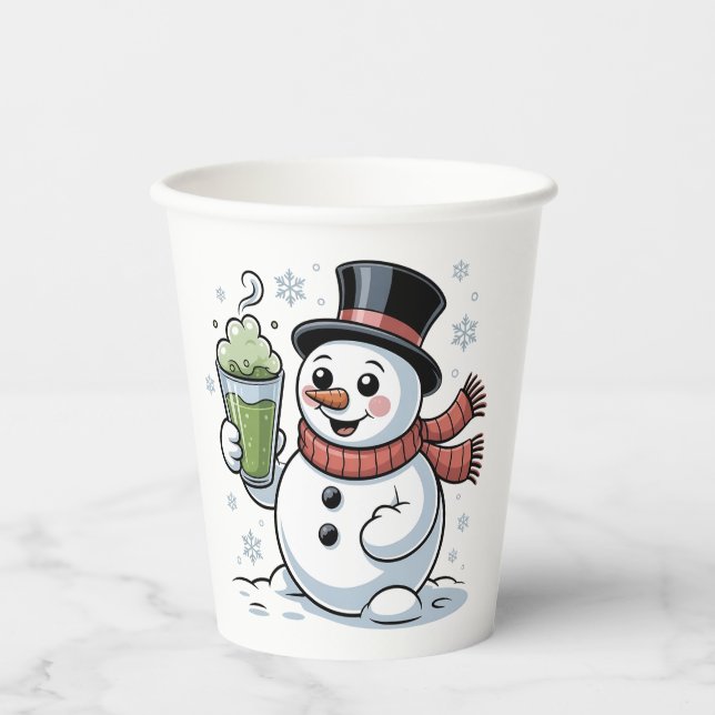 Snowman Holding Matcha Drink Weihnachten Pappbecher (Vorderseite)