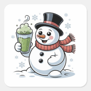 Snowman Holding Matcha Drink Weihnachten Quadratischer Aufkleber