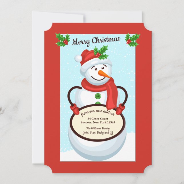 Snowman Holding Sign Moving Holiday Card Einladung (Vorderseite)
